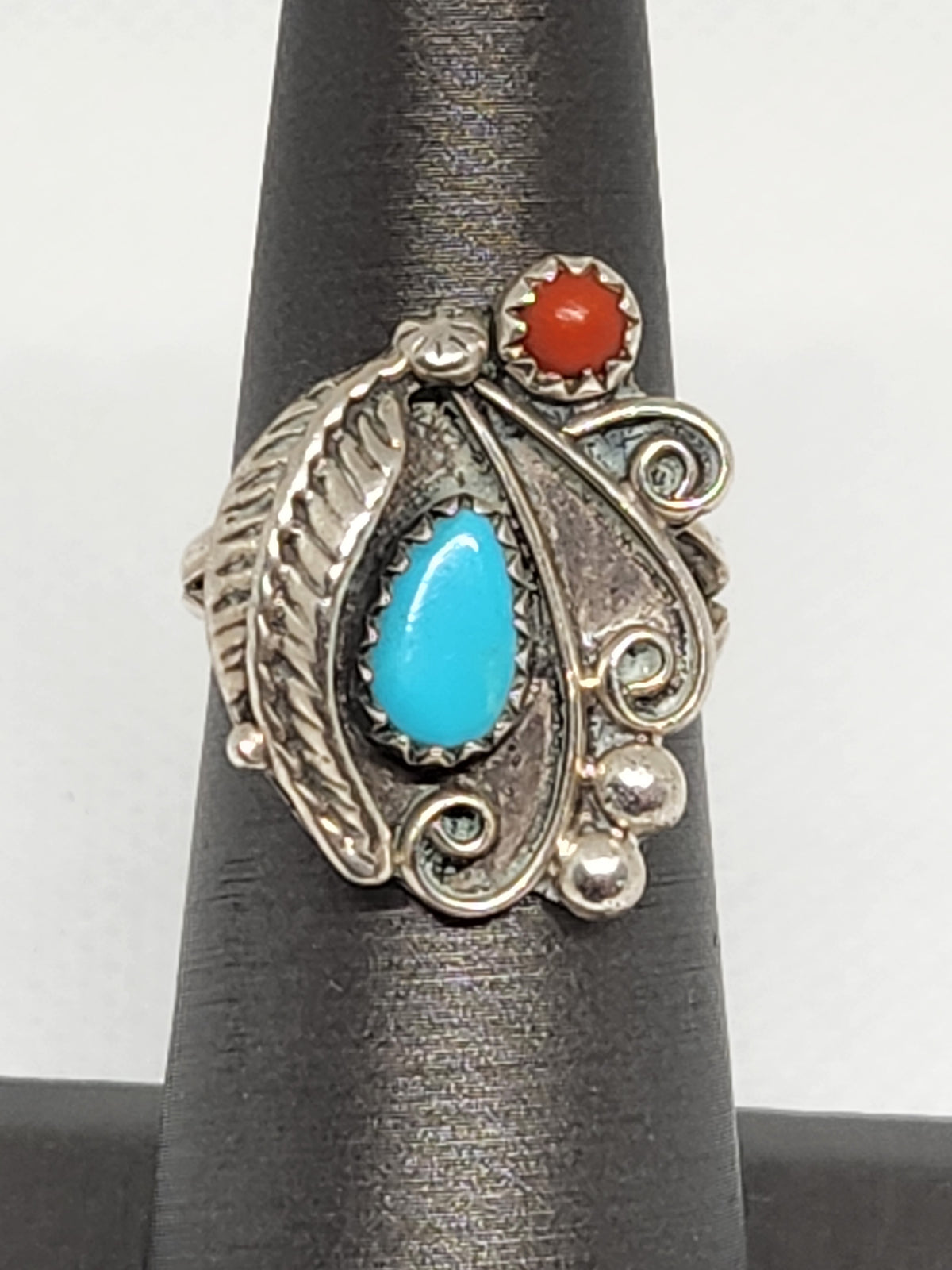 Navajo Native Ball & Feather Drop Sterling Silver Ring