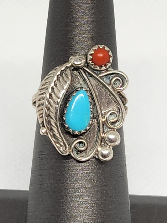 Navajo Native Ball & Feather Drop Sterling Silver Ring