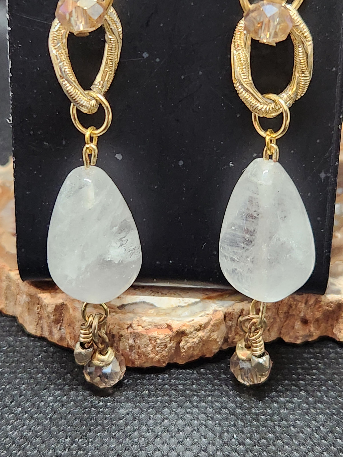 Goldtone & Clear Quartz Upcycled Dangle Earrings