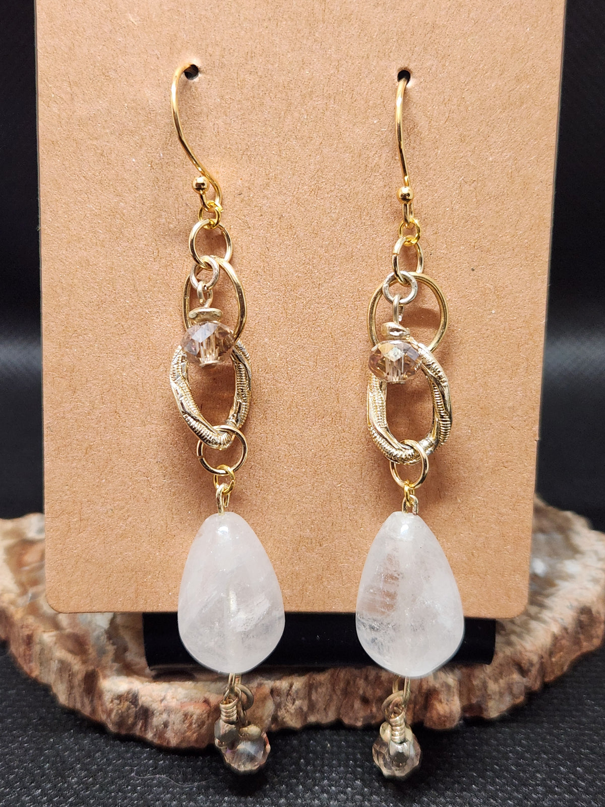 Goldtone & Clear Quartz Upcycled Dangle Earrings